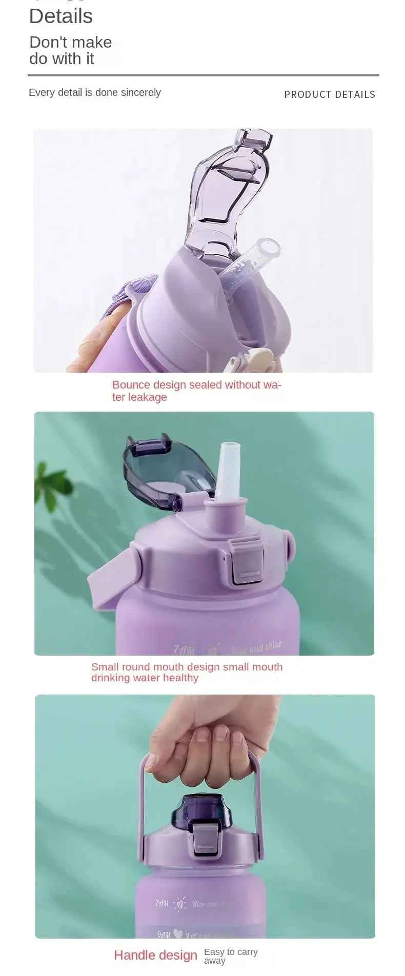 3Pcs Water Bottle Set – Time Marker & Leak-Proof Flip Lid (Random Color)