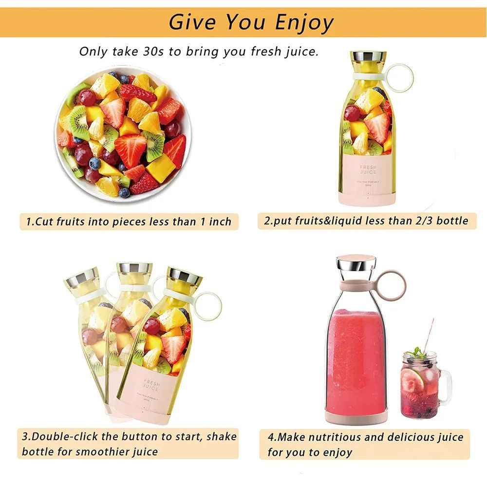 Portable USB Blender Bottle – Mini Juicer for Shakes & Smoothies, 6 Blades, 380ml (Multicolor)