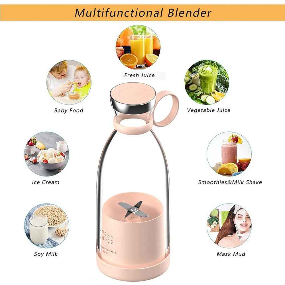Portable USB Blender Bottle – Mini Juicer for Shakes & Smoothies, 6 Blades, 380ml (Multicolor)