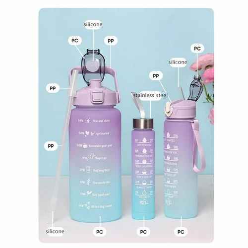 3Pcs Water Bottle Set – Time Marker & Leak-Proof Flip Lid (Random Color)
